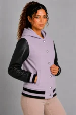 Lilac Black Leather Hooded Womens Varsity Jacket Lilac Black Rib On Sale