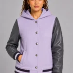 Lilac Charcoal Leather Hooded Womens Varsity Jacket Navy Purple