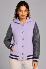Lilac Charcoal Leather Hooded Womens Varsity Jacket Navy Purple