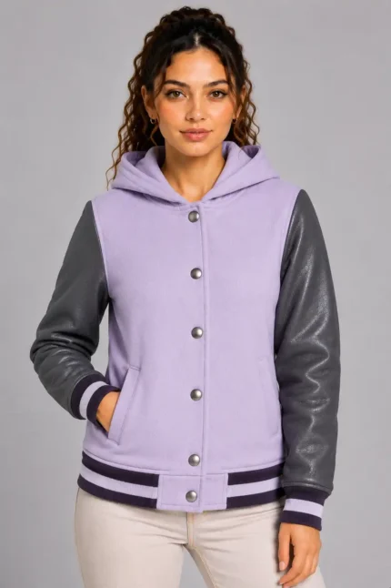 Lilac Charcoal Leather Hooded Womens Varsity Jacket Navy Purple
