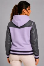 Lilac Charcoal Leather Hooded Womens Varsity Jacket Navy Purple For Sale