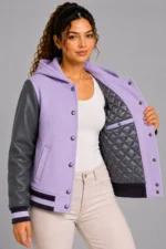 Lilac Charcoal Leather Hooded Womens Varsity Jacket Navy Purple On Sale