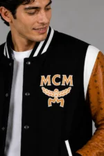 MCM Exclusive Black Varsity Jacket Cognac Leather Eagle Chenille