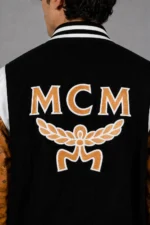 MCM Exclusive Black Varsity Jacket Cognac Leather Eagle Chenille For SALE