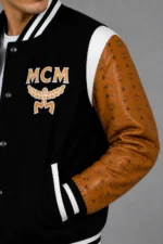 MCM Exclusive Black Varsity Jacket Cognac Leather Eagle Chenille On Sale
