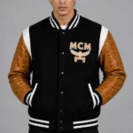 MCM Exclusive Black Wool Varsity Jacket Tan Leather Eagle Patch