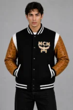 MCM Exclusive Black Wool Varsity Jacket Tan Leather Eagle Patch