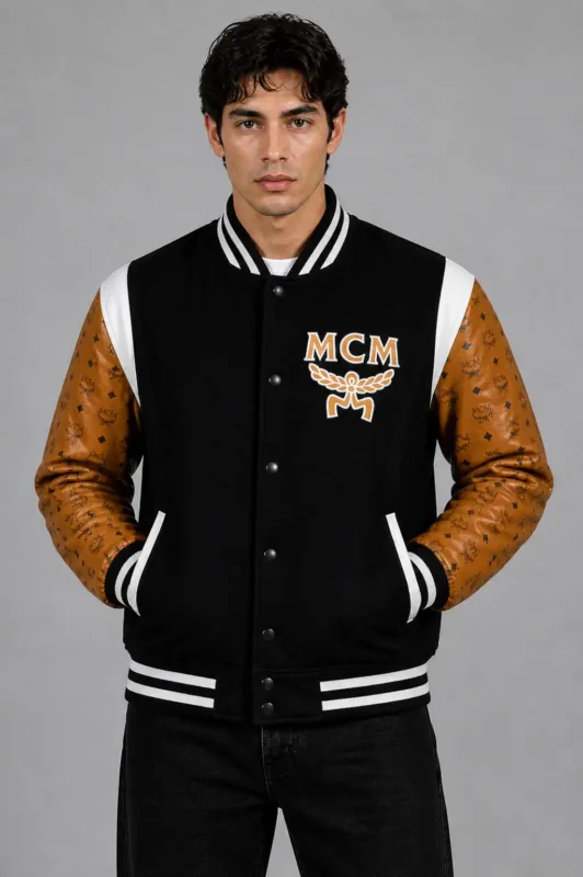 MCM Exclusive Black Wool Varsity Jacket Tan Leather Eagle Patch