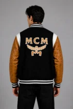 MCM Exclusive Black Wool Varsity Jacket Tan Leather Eagle Patch For Sale