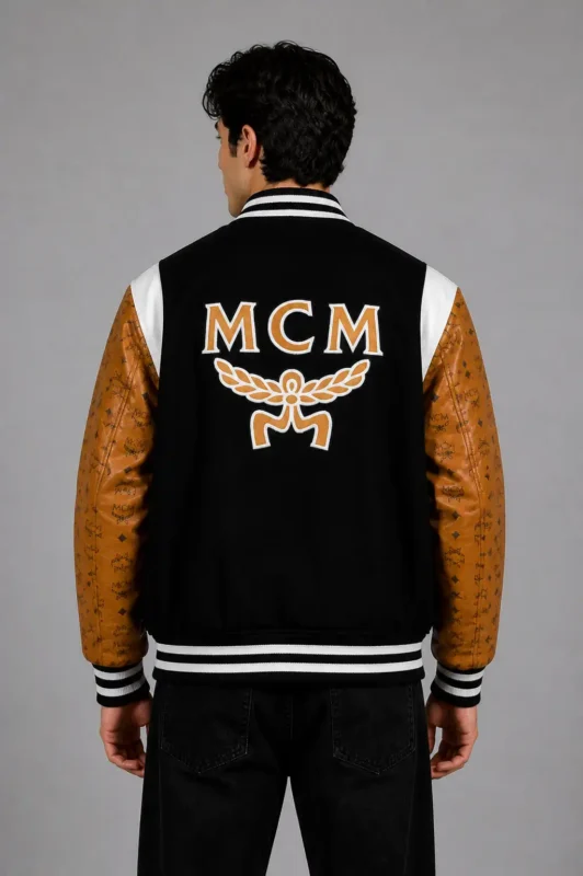 MCM Exclusive Black Wool Varsity Jacket Tan Leather Eagle Patch For Sale