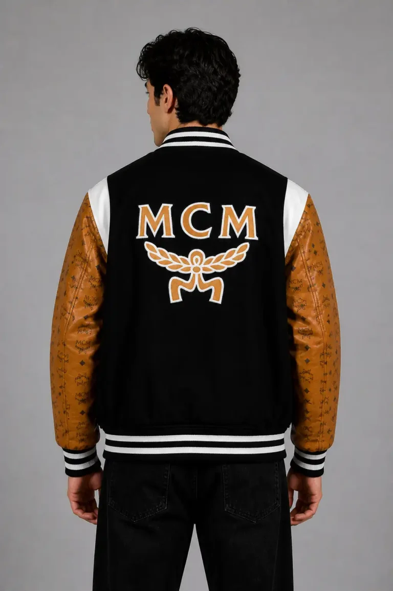 MCM Exclusive Black Wool Varsity Jacket Tan Leather Eagle Patch For Sale