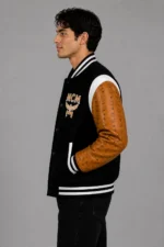 MCM Exclusive Black Wool Varsity Jacket Tan Leather Eagle Patch On Sale