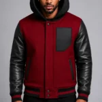 Maroon Hooded Varsity Jacket Black Leather Sleeves Black Patch