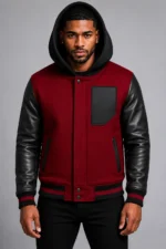 Maroon Hooded Varsity Jacket Black Leather Sleeves Black Patch