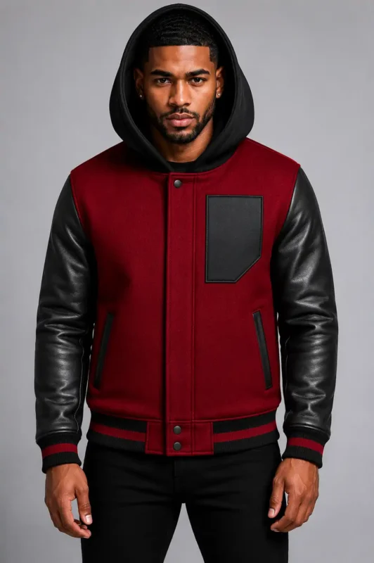 Maroon Hooded Varsity Jacket Black Leather Sleeves Black Patch