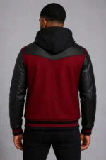 Maroon Hooded Varsity Jacket Black Leather Sleeves Black Patch For Sale