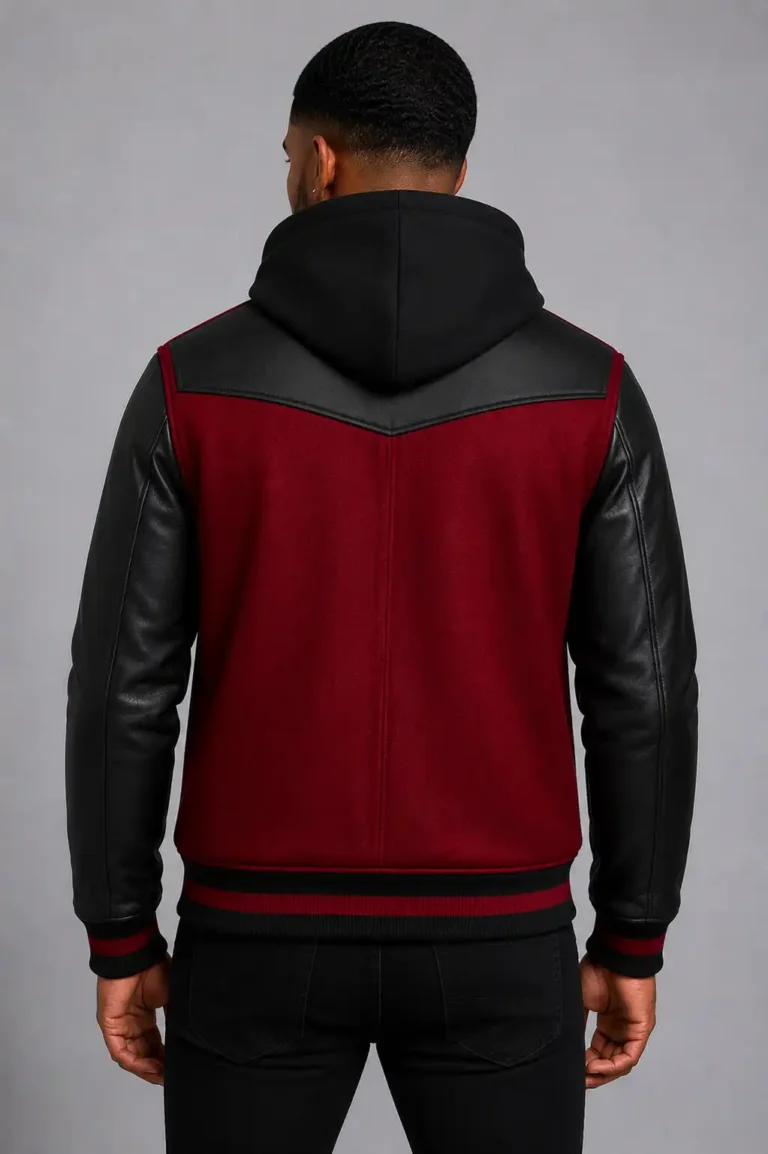 Maroon Hooded Varsity Jacket Black Leather Sleeves Black Patch For Sale