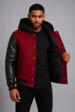 Maroon Hooded Varsity Jacket Black Leather Sleeves Black Patch On SALE