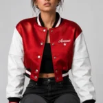 Midnight Avenue Embroidered Cropped Varsity Jacket Women Cherry Red Satin