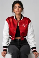 Midnight Avenue Embroidered Cropped Varsity Jacket Women Cherry Red Satin
