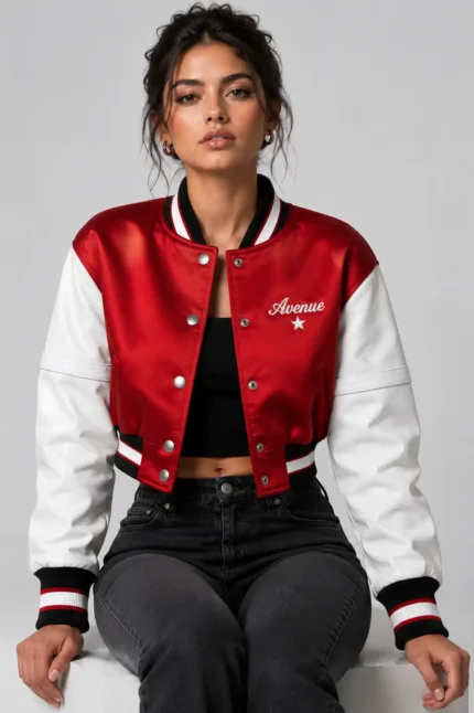 Midnight Avenue Embroidered Cropped Varsity Jacket Women Cherry Red Satin