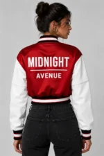 Midnight Avenue Embroidered Cropped Varsity Jacket Women Cherry Red Satin For Sale