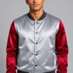 Midnight Blue Silver Satin Varsity Jacket Mens Red Satin Sleeves
