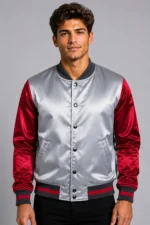 Midnight Blue Silver Satin Varsity Jacket Mens Red Satin Sleeves
