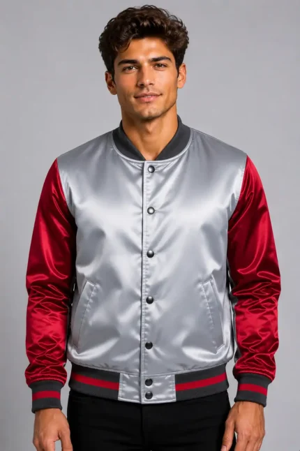 Midnight Blue Silver Satin Varsity Jacket Mens Red Satin Sleeves