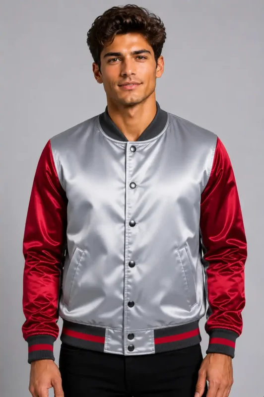 Midnight Blue Silver Satin Varsity Jacket Mens Red Satin Sleeves