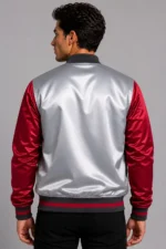 Midnight Blue Silver Satin Varsity Jacket Mens Red Satin Sleeves For Sale
