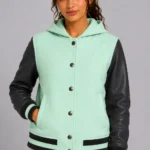 Mint Chocolate Leather Hooded Womens Varsity Jacket Forest Rib