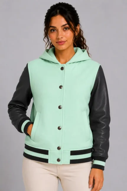 Mint Chocolate Leather Hooded Womens Varsity Jacket Forest Rib