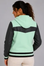 Mint Chocolate Leather Hooded Womens Varsity Jacket Forest Rib For Sale