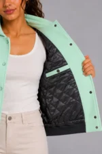 Mint Chocolate Leather Hooded Womens Varsity Jacket Forest Rib On Sale
