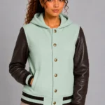 Mint Green Chocolate Leather Hooded Womens Varsity Jacket Rib