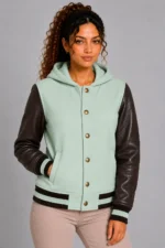 Mint Green Chocolate Leather Hooded Womens Varsity Jacket Rib