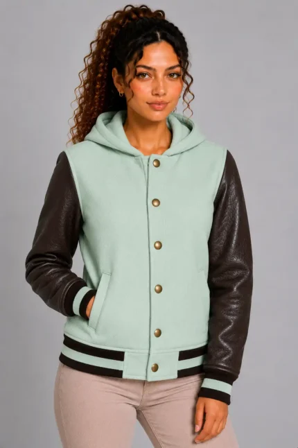 Mint Green Chocolate Leather Hooded Womens Varsity Jacket Rib