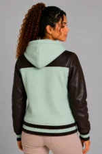 Mint Green Chocolate Leather Hooded Womens Varsity Jacket Rib For Sale