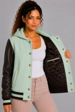Mint Green Chocolate Leather Hooded Womens Varsity Jacket Rib On Sale