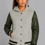 Mist Gray Olive Leather Hooded Womens Varsity Jacket Sage Rib