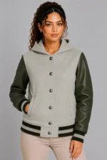 Mist Gray Olive Leather Hooded Womens Varsity Jacket Sage Rib