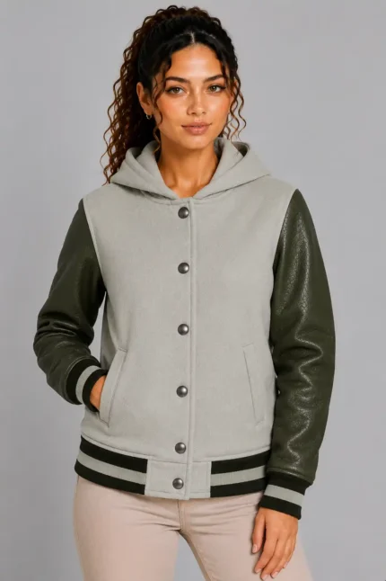 Mist Gray Olive Leather Hooded Womens Varsity Jacket Sage Rib