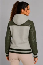 Mist Gray Olive Leather Hooded Womens Varsity Jacket Sage Rib For Sale