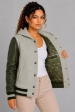 Mist Gray Olive Leather Hooded Womens Varsity Jacket Sage Rib On Sale