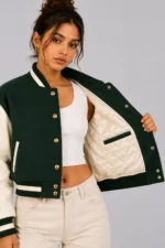 Mocha Maison Embroidered Cropped Varsity Jacket Women Brown Cream Leather