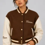 Mocha Maison Embroidered Cropped Varsity Jacket Women Brown Cream Leather
