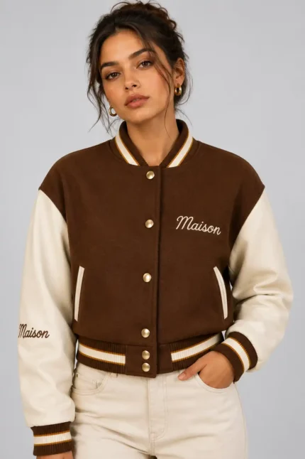 Mocha Maison Embroidered Cropped Varsity Jacket Women Brown Cream Leather