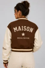Mocha Maison Embroidered Cropped Varsity Jacket Women Brown Cream Leather For Sale
