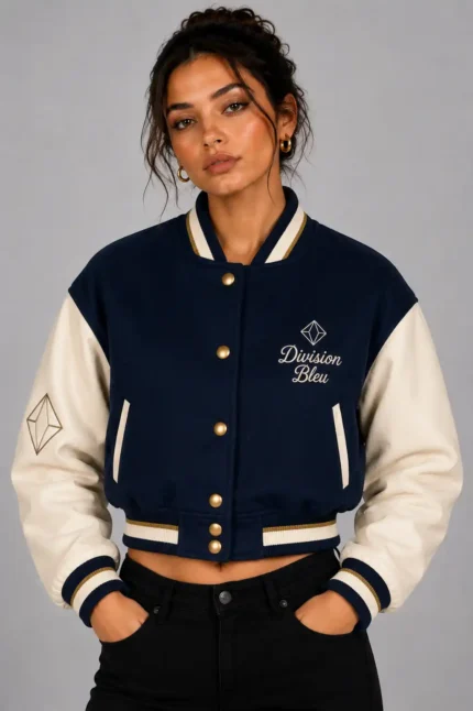 Navy Atelier Embroidered Cropped Varsity Jacket Women Navy Cream